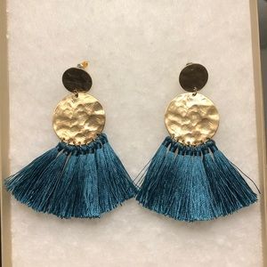 Teal and Gold Tassel Earrings